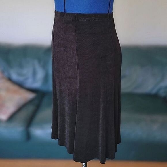 Vtg slinky black rib knit fit and flare midi skirt - Picture 1 of 9